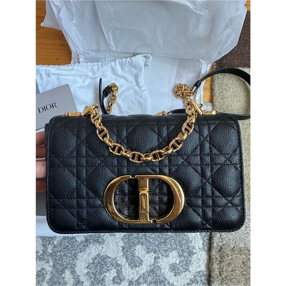 NEW Dior Caro Small Crossbody Shoulder Bag Black Gold Supple Cannage Leather - Picture 3 of 14